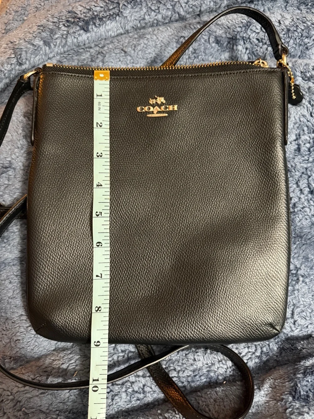 COACH Black Pebbled Leather Messenger Crossbody with Gold Logo